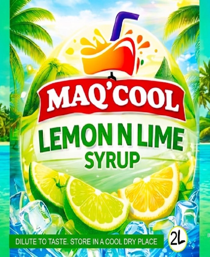MAQ'COOL Lemon N Lime Syrup 2 litre bottle label