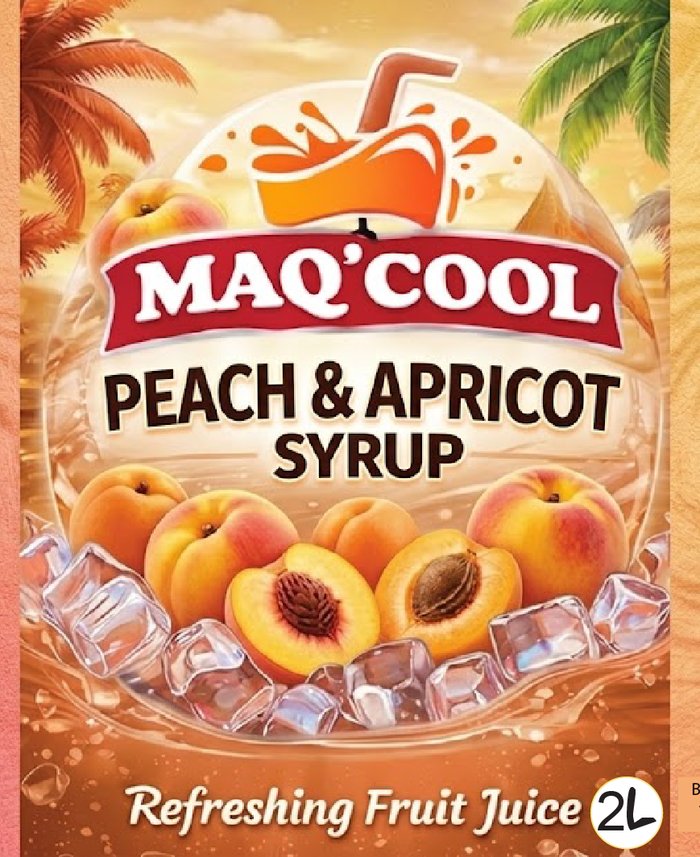 MAQ'COOL Peach and Apricot Syrup 2 litre bottle label